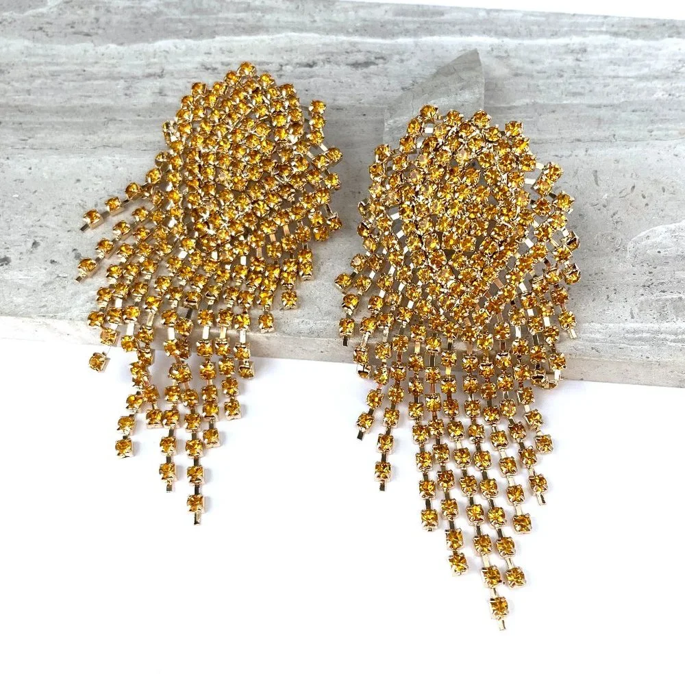 New ~ Anthropologie Shashi "Royal Queen" Amber Rhinestone Chandelier Earrings